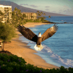 A bird soaring over a scenic beach at sunset.